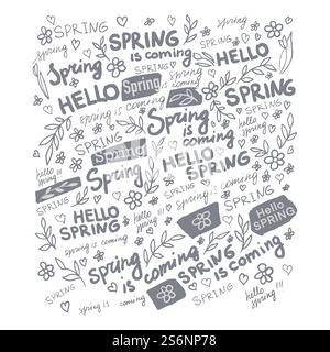 Spring is coming, banner with inscriptions and blooming flowers, simple design with text. Seasonal celebration and greeting, springtime season blossom of plants and flora. Vector in flat style. Hello spring, card with inscriptions and flowers Stock Vector
