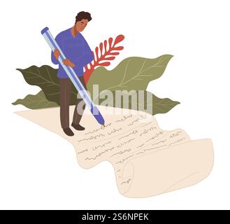 Freelancer writing article with pen on piece of paper. Student composing letter or doing homework. Journalist taking notes. Copywriting and freelancing of male character. Vector in flat style. Copywriter writing article or text on paper vector Stock Vector