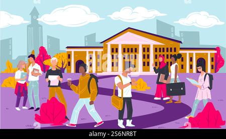 Teenagers strolling in territory of university. Students preparing for lessons and classes, revising material for exams. Educational establishment with boys and girls students, vector in flat. University with students outdoors, teenagers preparing for classes Stock Vector