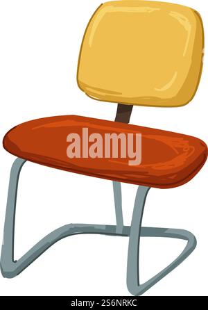 Retro chair design of 1990s, isolated armchair with metal parts and soft fabric cloth. Furniture of 90s, interior and decoration of home. Minimalist comfortable stool for house. Vector in flat style. Furniture and retro chair interior design of 1990s Stock Vector