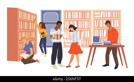 Male and female characters, students and adults looking for book in store or library. People learning new disciplines and preparing for exams in university, work or school. Vector in flat style. Students and adults reading books in library shop Stock Vector