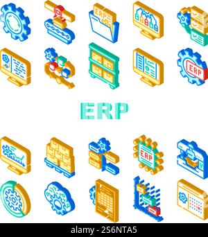 Erp Enterprise Resource Planning Icons Set Vector. Erp Working Process And Goods Production Control, Time Intervals And Deadline, Reporting System And Organization Isometric Sign Color Illustrations. Erp Enterprise Resource Planning Icons Set Vector Stock Vector