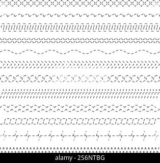 Sewing stitches. Embroidery fabric lines cutting shapes ornament vector seamless collection. Pattern zigzag craft brush and sew line illustration. Sewing stitches. Embroidery fabric lines cutting shapes ornament vector seamless collection Stock Vector