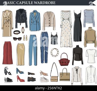 Stylish and fashionable clothes for women, isolated basic capsule wardrobe for girls. Trench coat and jacket, jeans and dresses, skirts and sweaters with accessories and shoes. Vector in flat style. Basic capsule wardrobe for elegant women vector Stock Vector