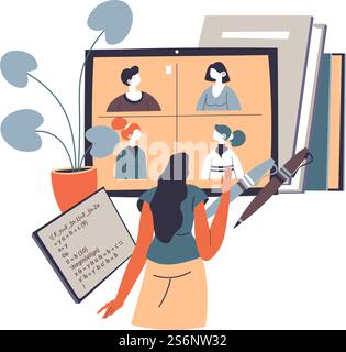 Online education and development of skills, isolated woman with pencil and notebook looking at screen with colleagues or group mates. People learning new discipline in uni. Vector in flat style. Education online using laptop for vising classes Stock Vector