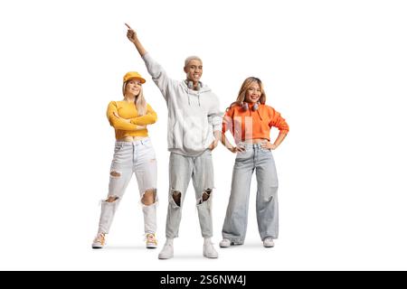 Young people of different race enjoying music isolated on white background Stock Photo