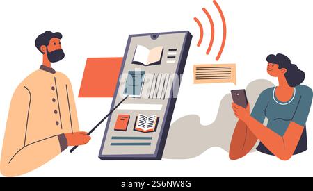 Learning new disciplines and material using online resources and audiobooks. Woman with smartphone and tutor showing application with information for lessons. Vector in flat style illustration. Education using online services, audiobooks device Stock Vector