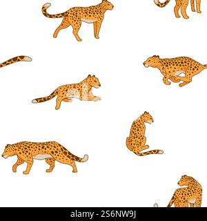 Leopard or cheetah animal running and laying, motion and calmness of mammal. Seamless pattern of predator, spotted predator, wilderness and hunting and resting feline cat. Vector in flat style. Cheetah animal in motion still seamless pattern Stock Vector