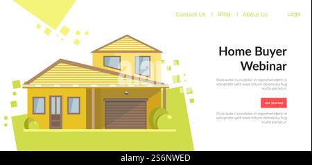 Internet information for clients and customers of real estate market. Home buyer webinar online info, new apartments and dwellings. Website or webpage template, landing page flat style vector. Home buyer webinar, information for clients site Stock Vector