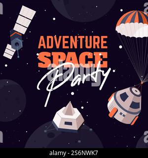 Space party adventure, invitation banner or poster with calligraphic inscription, spaceship, antennae and robots. Futuristic design, flyer with information. Themed celebration. Vector in flat style. Adventure space party, theme celebration invite Stock Vector