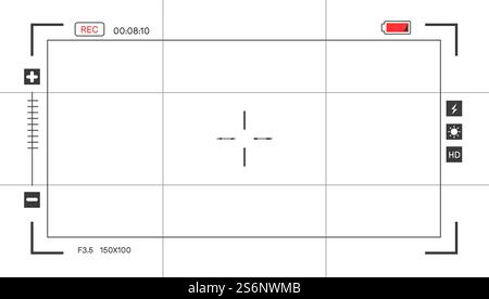 Screen of camera with focus, frame or border with settings, battery and viewfinder. Display with objective. Camcorder video recorder device for photos and videos filming. Vector in flat style. Camera focus screen with viewfinder and setting Stock Vector
