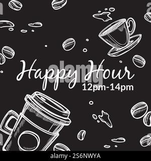 Happy hours in cafe or restaurant, coffee shop or house proposing reduction of price. Takeaway drinks and warm beverages. Plastic and ceramic cups. Monochrome sketch outline, vector in flat style. Coffee shop happy hour 12 to 14 pm promo banner Stock Vector