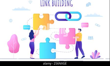 SEO Link Building as Search Engine Optimization, Marketing and Digital for Home Page Development or Mobile Applications Vector Illustration Stock Vector