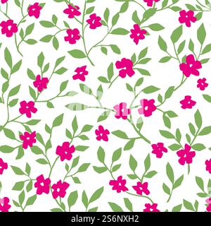 Flourishing flowers and branches, seamless pattern of floral ornaments. Blooming plants and leaves, foliage and blossom decoration. Background or repeatable elegant print. Vector in flat style. Flowers in blossom, twigs and blooming pattern Stock Vector