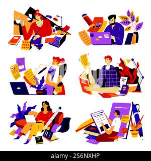People working as copywriters composing articles and thinking on new topics. Males and females doing copywriting. Characters with gadgets, books and notebooks for writing. Vector in flat style. Freelancer working as copywriters from home vector Stock Vector