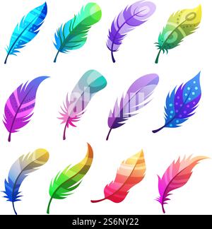 Feather colored. Stylized decorative tribal ornaments on feathers of birds vector illustrations set. Tribal feather stylized decoration, doodle wing ornamental. Feather colored. Stylized decorative tribal ornaments on feathers of birds vector illustrations set Stock Vector