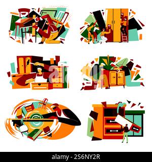 People creating and crafting furniture, carpenters with instruments and tools for production of wardrobes, chairs and drawers. Team of professionals working on projects, vector in flat style. Furniture production and carpentry hobby of men Stock Vector