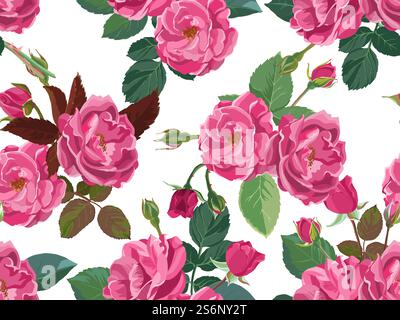 Blooming pink roses and peonies, summer or spring blossom and flourishing. Natural botanical plants, background or print for greeting card, Romantic flora. Seamless pattern, vector in flat style. Pink roses or peonies with leaves and branches Stock Vector
