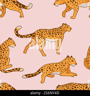 Feline animal with spotted fur print laying and resting or walking and hunting. Background of wildlife mammals of savannah or africa. Zoo or national park. Seamless pattern, vector in flat style. Leopard feline animal laying and walking pattern Stock Vector