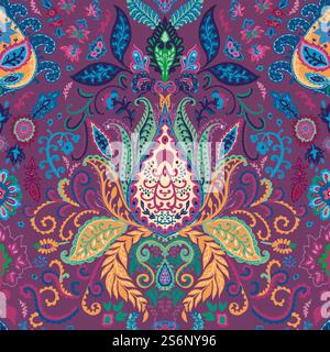 Vivid lotus flower, psychedelic floral decoration or print. Abstract background with plants and leaves, petals and flora. Sacred geometry and trippy artwork. Seamless pattern, vector in flat style. Trippy abstract floral pattern with vivid lotus Stock Vector