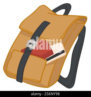 Passport or wallet with credit card in bag prepared for traveling. Isolated baggage for leaving for trip or voyage. Hiking and trekking with backpack. Leather accessories. Vector in flat style. Packed bag with credit card and passport or wallet Stock Vector