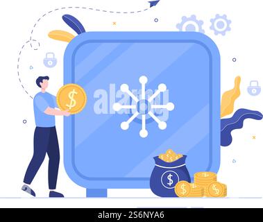 Bank Locker Vector Illustration. Storage Safe Box for Cash Safety, Protection, Gold, Currency and Important Documents using an Electronic Key to Open Stock Vector