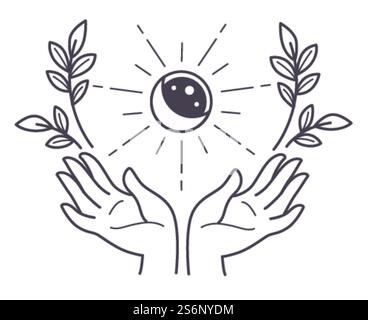 Eclipse of moon and sun, symbol of magical event. Hand holding circle and floral wreath of branches. Mystery and spirituality, occult signs and alchemy. Colorless line art, vector in flat style. Hand holding full moon and sun eclipse with flora Stock Vector