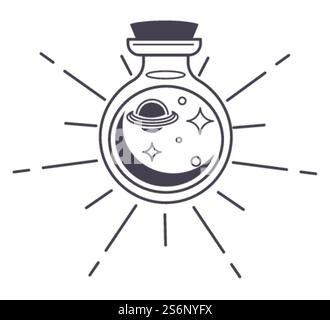 Glass bottle with planets and stars, constellations and celestial bodies. Isolated container with magic potion or spell. Witchcraft or alchemy. Mystical object. Colorless line art, vector in flat. Bottle with magic potion or spell, planets stars Stock Vector