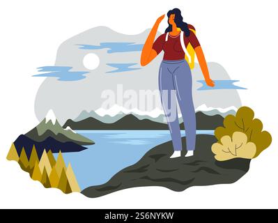 Female character standing on top of mountain, looking at mountains lake or cold pond. Woman with backpack enjoying pine forests and ranges. Natural landscape and beauty. Vector in flat style. Woman looking at mountains lake standing on top Stock Vector