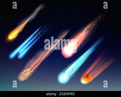 Falling comets. Astronomy collection space bodies stars meteorites cosmic glowing universe vector items realistic template. Illustration comet shooting, asteroid falling and meteorite in sky. Falling comets. Astronomy collection space bodies stars meteorites cosmic glowing universe vector items realistic template Stock Vector