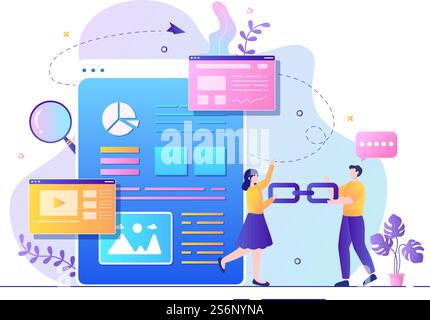 SEO Link Building as Search Engine Optimization, Marketing and Digital for Home Page Development or Mobile Applications Vector Illustration Stock Vector