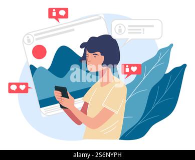 Young character using smartphone for fun and communication. Social media network with likes and comments, reactions and pictures. Male holding phone in hands and smiling. Vector in flat style. Teenager communicating and chatting in network Stock Vector