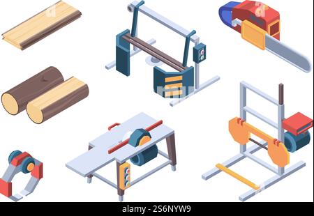 Lumber isometric. Sawmill items and workers wood workman vector isometric collection. Illustration logging and hardwood service, material stock. Lumber isometric. Sawmill items and workers wood workman vector isometric collection Stock Vector