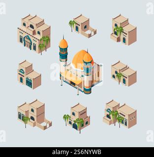 Traditional arabic buildings. Eastern sandy desert cultural authentic houses vector isometric collection. Illustration arabic mosque and isometric authentic house. Traditional arabic buildings. Eastern sandy desert cultural authentic houses vector isometric collection Stock Vector