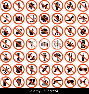 Forbidden icons. Prohibiting red symbols no motorcycle animals guns sound phones parking car vector set. Illustration forbidden big collection, prohibited and restrict. Forbidden icons. Prohibiting red symbols no motorcycle animals guns sound phones parking car vector set Stock Vector