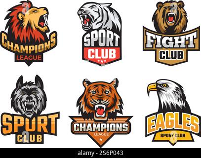 Sport emblem pack. Wild animals stylized picture for logo or team badges shields with mascots animals wolf bear vector. Illustration emblem animal badge, beast mascot for sport team. Sport emblem pack. Wild animals stylized picture for logo or team badges shields with mascots animals wolf bear vector Stock Vector