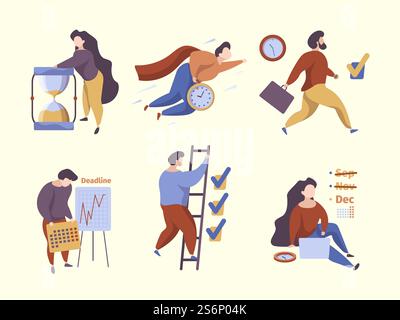 Effective time management. Managers planning working processes calendar daily task organization effectiveness garish vector flat. Illustration business management time, planning project control. Effective time management. Managers planning self working processes calendar daily task organization effectiveness garish vector flat picture Stock Vector