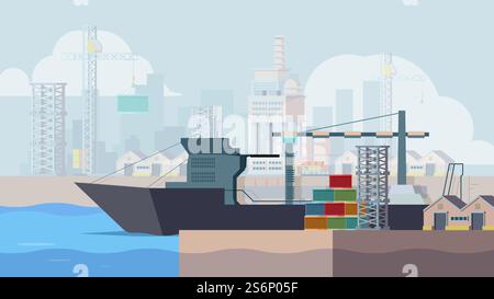 Marine docks. Cargo ship loading containers boat in seaport vector background. Container seaport, ship vessel cargo, sea transportation illustration. Marine docks. Cargo ship loading containers boat in seaport vector background Stock Vector