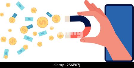 Hand holding magnet. Investment attraction, social marketing attract money. Successful ad or digital management, online project profit vector illustration. Business magnet attract finance. Hand holding magnet. Investment attraction, social marketing attract money. Successful ad or digital management, online project profit vector illustration Stock Vector
