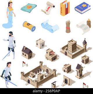 Isometric castle royal king queen interior indoor composition with ...