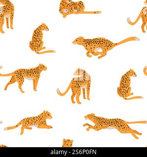 Spotted leopard running and hunting predator animal. Zoo african mammal with furry coat in motion and rest. Wild cat sitting and walking with long tail. Seamless pattern, vector in flat style. Running and hunting cheetah, spotted leopards Stock Vector