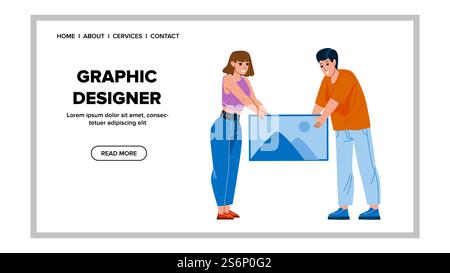 Graphic Designers Create Project Together Vector. Man And Woman Graphic Designers Developing And Creating Artwork. Characters Artists Working In Studio Web Flat Cartoon Illustration. Graphic Designers Create Project Together Vector Stock Vector