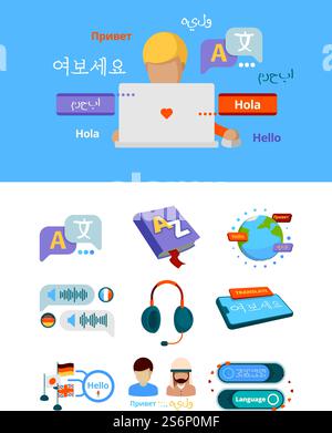 Translate icons. Nationalities alphabet global translation for bilingual foreign language app service graphic vector pictures. Bilingual communication, foreign english and german speech illustration. Translate icons. Nationalities alphabet global translation for bilingual foreign language app service graphic vector concept pictures Stock Vector