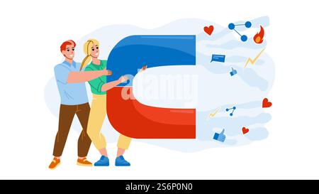 Social Media Marketing Online Business Vector. Man And Woman With Magnet Doing Social Media Marketing In Internet. Characters Managers Smm Professional Occupation Flat Cartoon Illustration. Social Media Marketing Online Business Vector Stock Vector