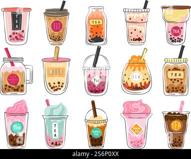 Bubble tea doodles. Dessert asian drinks in plastic cups delicious cold mocha freshness tea vector illustrations set. Cup tea ice bubble, cafe menu. Bubble tea doodles. Dessert asian drinks in plastic cups delicious cold mocha freshness tea vector illustrations set Stock Vector