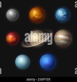 Planet systems. Realistic universe objects stars systems astronomy moon gravity jupiter vector collection. Illustration mars and jupiter, realistic solar planetary cosmos. Planet systems. Realistic universe objects stars systems astronomy moon gravity jupiter vector collection Stock Vector