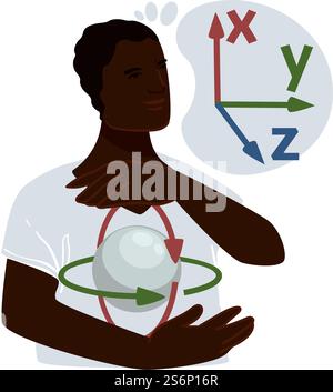 Geometric problems solving and designing of products in 3d. Three dimensional planning, x and y, z axis. Experiments and science, brainstorming and resolution. Vector in flat style illustration. Solving geometric problems, axis and dimensions Stock Vector