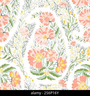 Floral ornaments with roses or marguerite, florist composition with leaves and flowers in bloom. Seasonal blossom and flourishing. Background or print. Seamless pattern, vector in flat style. Florist composition with roses or blooming flower Stock Vector