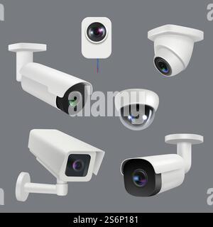 Cctv systems. Security cameras house electronic smart technologies decent vector realistic set. Security system cctv, control and safety illustration. Cctv systems. Security cameras house electronic smart technologies decent vector realistic set Stock Vector