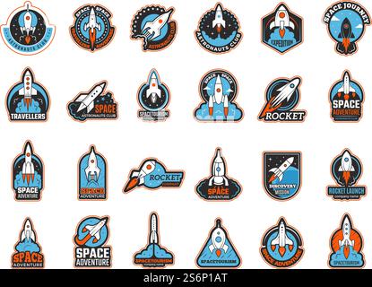 Rocket logo. Infinity shuttle in cosmos lunch startup symbols recent vector illustrations. Rocketship launch rocket logo, flight to moon and mars. Rocket logo. Infinity shuttle in cosmos lunch startup symbols recent vector illustrations Stock Vector